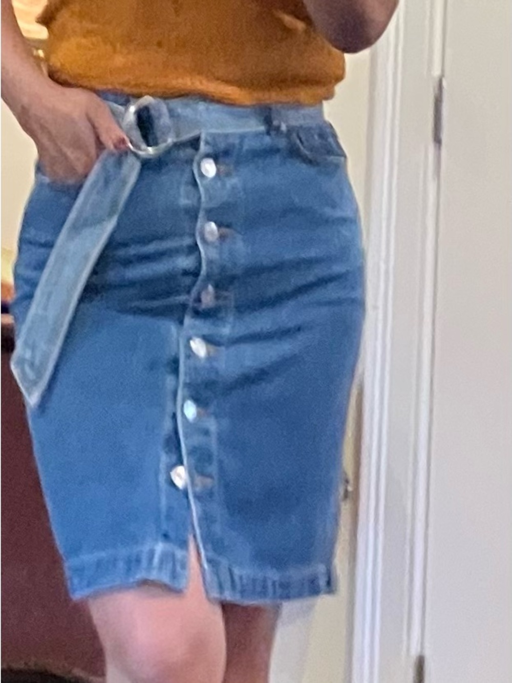 Forever 21 Blue Denim Button-Front Pencil Skirt with Tie Belt